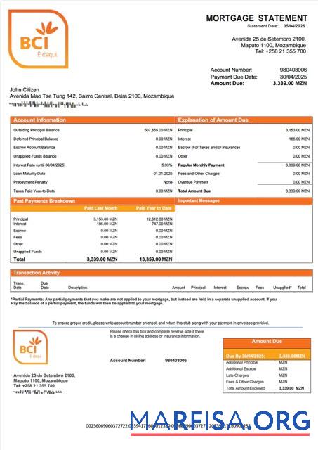 Printable Mozambique Banco Comercial e de Investimentos mortgage statement Word and PDF template
